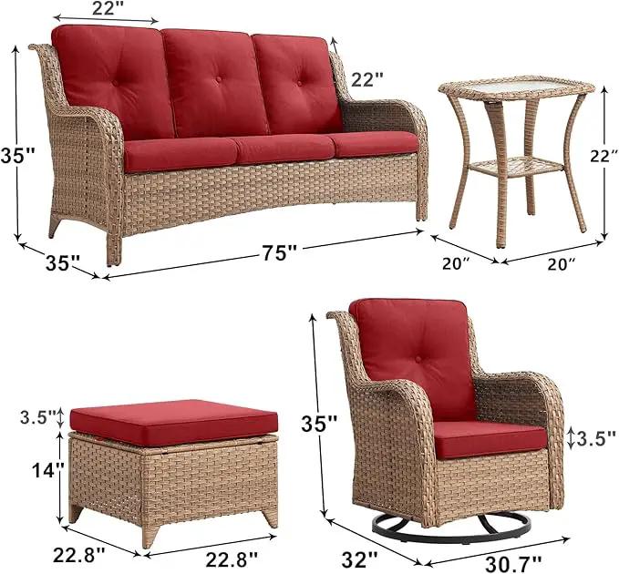Outdoor Wicker Patio Furniture Set - 6 Piece Rattan Patio Conversation Set with 2 Rocking Swivel Chairs,2 Ottomans,1 Sofa and 1 Side Table for Porch Deck Backyard Garden(Yellow/Red) by GreenHaven Gardens