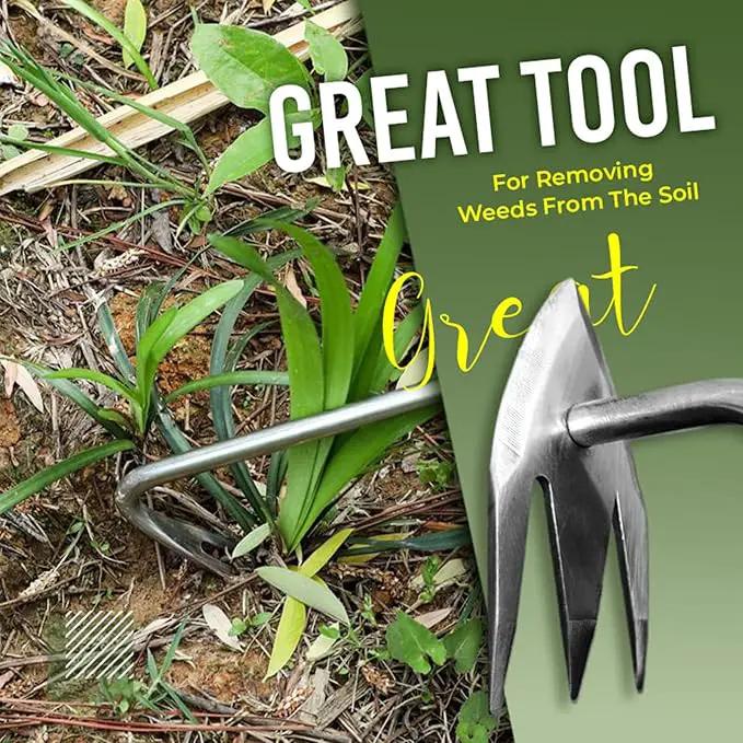 Stainless Steel Multifunctional Weeder, Hand Weeder Tool Stand Up Weed Puller Tool with Long Handle, V-Shaped Light Duty Hand Weeder for Lawn Garden Yard Farmland Weed Removal (Wood Handle 2PCS) by GreenHaven Gardens