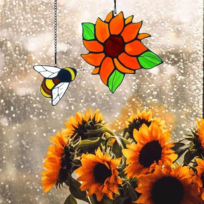 2 Packs Sunflower Gifts for Mom Grandma, Honey Bee Sunflower Stained Glass Window Hanging, Sun Flower Suncatcher for Window, Bee Themed Gifts for bee Lovers by GreenHaven Gardens