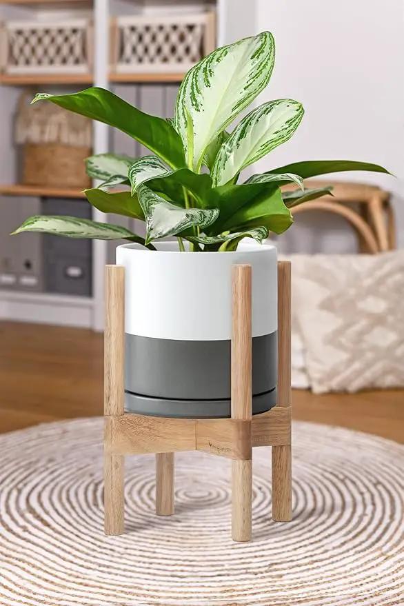 D'vine Dev Ceramic Planter with Natural Stand - 8 Inch Modern Round Flower Pot with Wood Planter Holder, White/Grey, 55-B-N-6 by GreenHaven Gardens