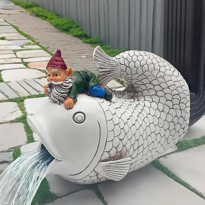 Gnome Fish Sculpture - Eco-Friendly Resin Gutter Diverter Rain, Outdoor Decor Sculpture, Garden Animal Statue, Gutter Downspout Splash Block, Decorative Extension, Ideal for 3"x4" Downspouts by GreenHaven Gardens