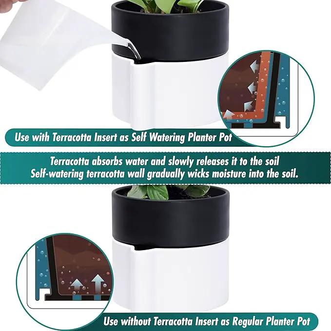 8 Inch Self-Watering Planter Pot with Terracotta Insert, Deep Water Reservoir, and Ceramic-Alike BPA-Free Plastic Planter Pot for Plant, Modern Planter for Houseplants, White/Black, 53-B-T-4 by GreenHaven Gardens