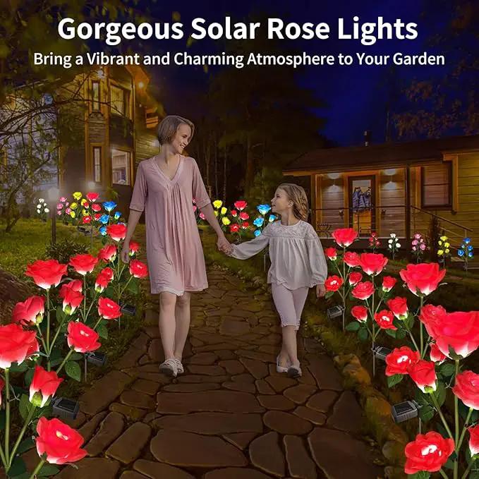 Solar Garden Lights, Solar Outdoor Lights with More Realistic 10 Rose Waterproof Solar Powered Flowers for Outside Patio Yard Pathway Decorations, 2 Pack Red by GreenHaven Gardens