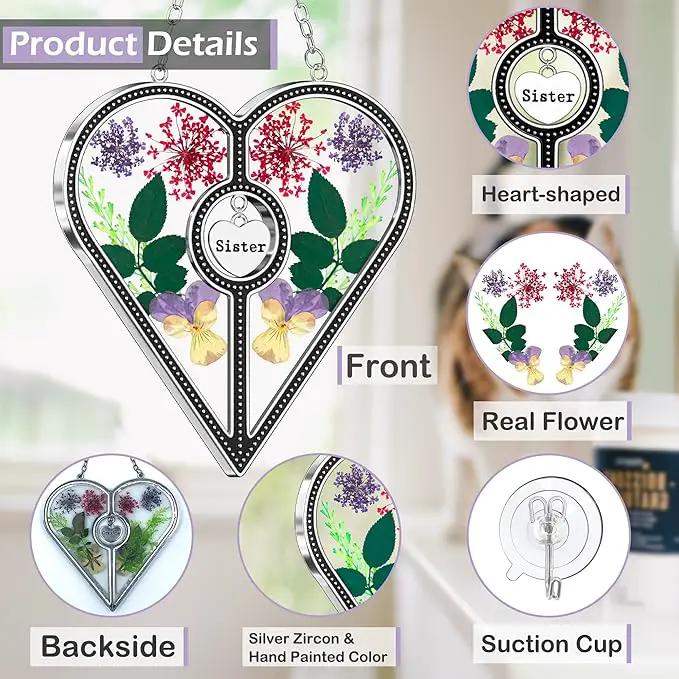 KY&BOSAM Heart Suncatcher Sister Stained Glass for windsows Hanging Wind Chimes with Pressed Real Flower Heart in Glass with Metal Trim Heart Charm Birthday Gift for Sister Mothers Day Christmas Decor by GreenHaven Gardens