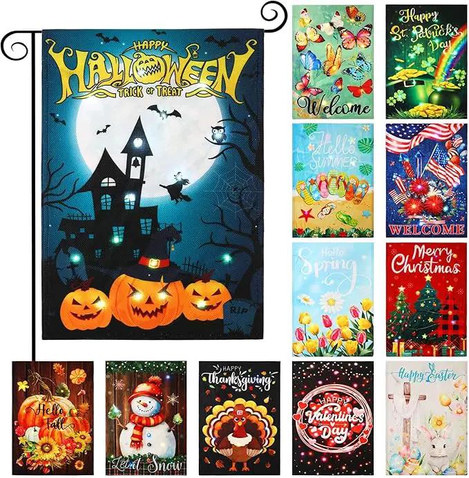 12 Pcs Solar Seasonal LED Garden Flags 12 x 18 Inch Double Sided Yard Flags Halloween Christmas Fall Thanksgiving Day Decorations Welcome Garden Holiday Yard Outside Lawn Decoration by GreenHaven Gardens