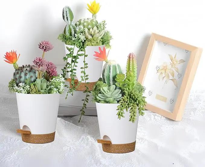12 Pack 4 Inch Self Watering Plant Pots with Drainage and Saucers，Plastic Flower Pots for Indoor and Outdoor Plants, Nursery Planters for Houseplants and Herbs White Brown, 4 inch 12pcs by GreenHaven Gardens
