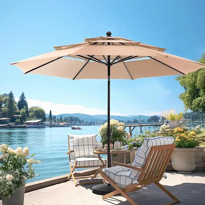 PHI VILLA 10ft Patio Umbrellas, Outdoor 3 Tier Vented Large Market Table Umbrella with 8 Sturdy Ribs and 1.5" Umbrellla Pole for Lawn Poolside Garden Terrace, Beige(No Base) by GreenHaven Gardens