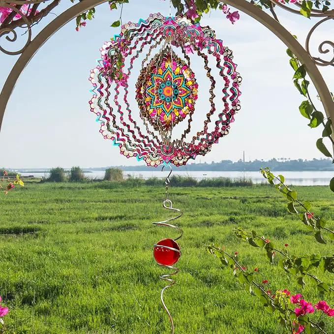 Wind Spinner Blossom Mandala Wind Spinners Outdoor 12inch 3D Stainless Steel Hanging Wind Sculptures Creates Holographic Effect. Kinetic Garden Decoration Yard Art Decor Worth Mandala Gifts by GreenHaven Gardens