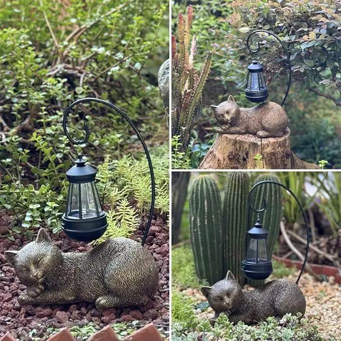 Solar Garden Statue Cat Figurine, 13 Inch Tall Garden Cat Statues Art with Solar Lantern, Loving Cat Statues for Patio, Balcony, Yard, Lawn and Porch, Unique Housewarming Gift for Garden Mom Grandma by GreenHaven Gardens