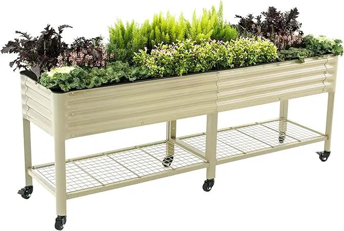 Rolling Elevated Raised Garden Bed-V Series, 2' x 8' Garden Beds with Legs & Storage Rack for Patio & Porch, 1400 Lbs Weight Capacity, Outdoor Planter Box for Vegetables Flower Herbs, Pearl White by GreenHaven Gardens