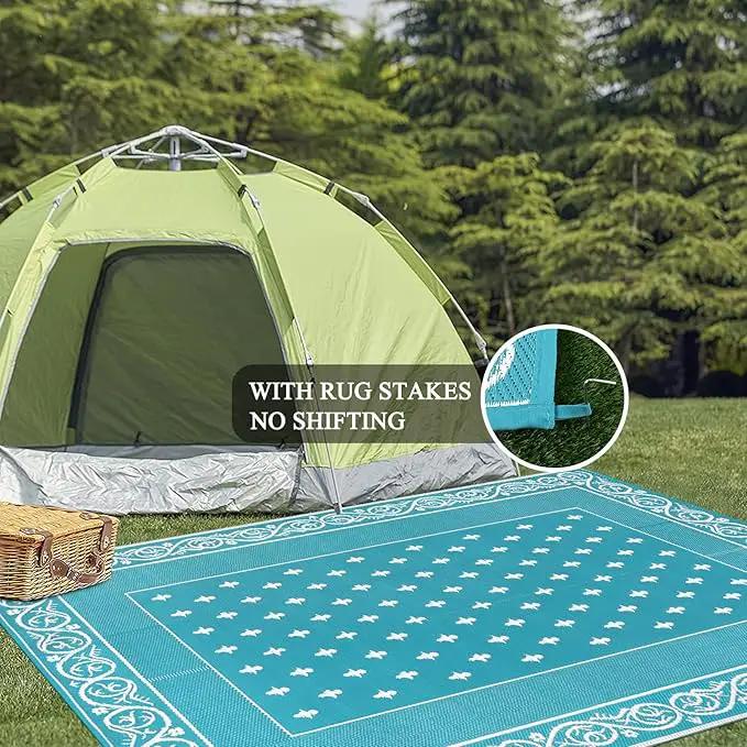 Pauwer Waterproof Outdoor Rug 8x10, Reversible Plastic Straw Patio Camping Rug, Indoor Outdoor RV Mat Carpet for Deck, Camper, Porch, Balcony, Backyard, Picnic, Bordered Teal by GreenHaven Gardens