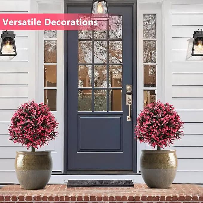 28" Set of 2 Artificial Boxwood Topiary Ball Bush for Outdoor with Ground Spike, UV Resistant Faux Greenery Shrubs, Fake Rose&Green Boxwood Plants for Garden, Yard, Porch, Patio Decor by GreenHaven Gardens