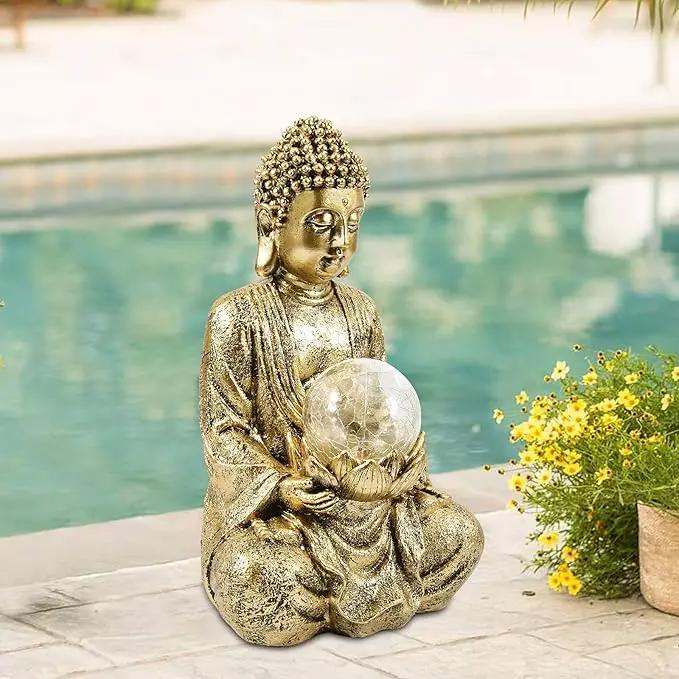 Nacome Meditating Buddha Statue with Solar Light,Zen Solar Garden Buddha with Cracked Glass Ball Sculpture-Indoor/Outdoor Decor for Balcony,Garden,Patio,Porch Yard Art Ornament,10.5 inch(Gold) by GreenHaven Gardens