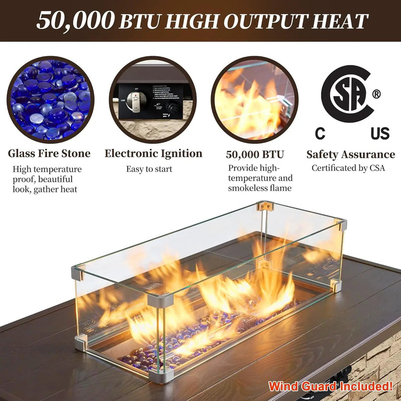 43¡± Propane Fire Pit Table Outdoor Rectangular Stone Firepit Table 50,000 Btu Propane Fire Tables for Outside Patio with Glass Wind Guard, Lid, Fire Glass Beads,Buff Rock Look by GreenHaven Gardens