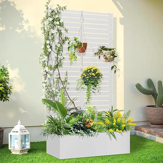 Trellis for Climbing Plants Outdoor，Mental Garden Bed with Drainage Holes Outdoor Privacy Screen Design Tall planters for herb Flower Vegetables 73"x35"x16", White-Louvered by GreenHaven Gardens