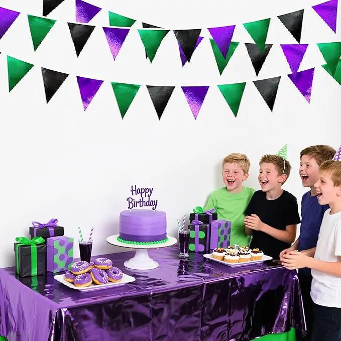 Black Purple Green Party Decorations Metallic Fabric Triangle Pennant Banner Flag Bunting for Boys Men Birthday Graduations Wedding Bachelorette Retirement Video Game Level Up Theme Party Supplies by GreenHaven Gardens
