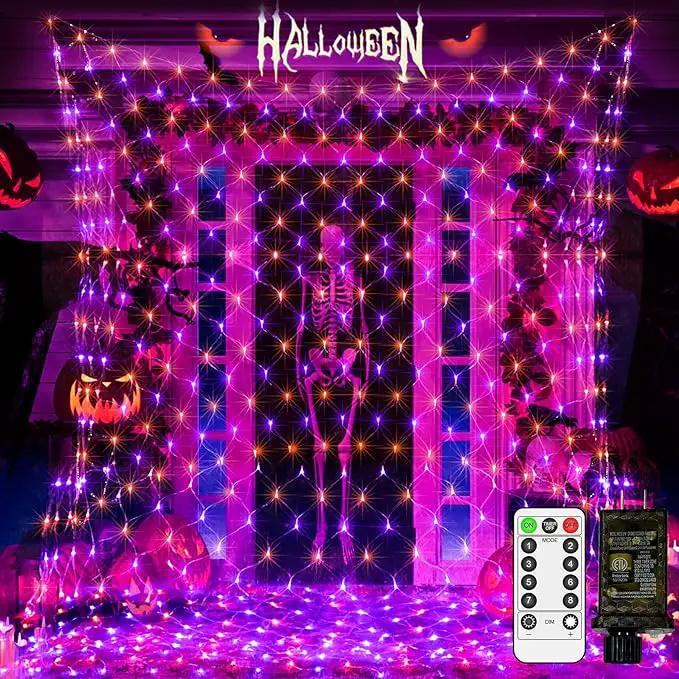 2 Pack Each 200 LED Halloween Net Lights Outdoor Waterproof 3M*2M Mesh Lights Fairy String Lights Plug in with Timer 8 Modes for Bush Window Fence Garden Yard Roof Wall Decor-Purple and Orange by GreenHaven Gardens
