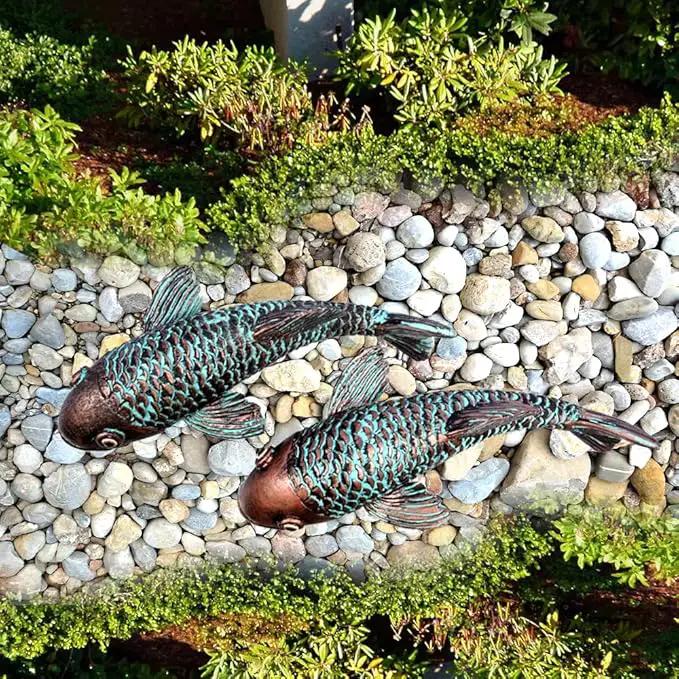 Garden Sculptures & Statues,Koi Fish Decor,Garden Fish Art,Set of 2 Antique Koi Fish Yard Art Decor for Outdoors,Patio,Yard,Lawn,Pond,Home Decoration (Bronz) by GreenHaven Gardens