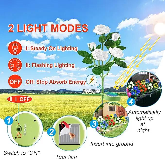 Solar Flower Lights Outdoor - Upgraded New Material Two Modes Realistic LED Solar Powered Waterproof Lights with 5 Roses, Solar Decorative Stake Lights for Garden (White, 1 Pack) by GreenHaven Gardens