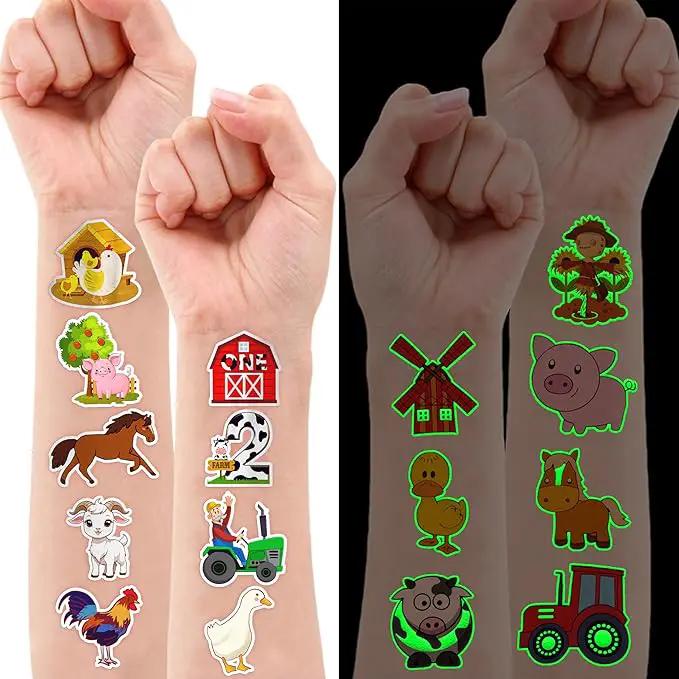 96 PCS Farm Barnyard Animal Glow In The Dark Pre-Cut Temporary Tattoos Sticker 1st First 2nd Birthday Decorations Party Favors Supplies Gift Boy Girl Farmhouse Tattoo School Reward Themed (Luminous) by GreenHaven Gardens