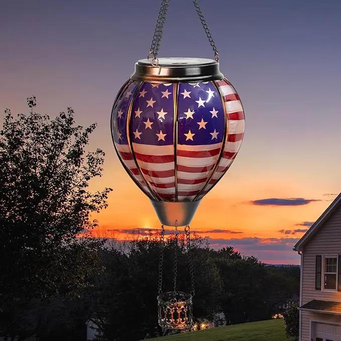 pearlstar Hot Air Balloon Solar Lantern with Flickering Flame Light Outdoor 4th of July Decorations Solar Hanging Lights Waterproof for Garden Yard Patio Outside Independence Day Decoration, Flag by GreenHaven Gardens