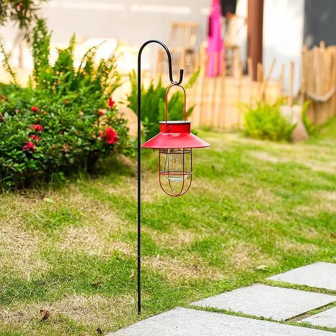 Solar Lights Lantern Lamp with Shepherd Hook, Solar Metal Lanterns, Outdoor Lights Decor,Edison Bulb Lights for Garden ,Outside Decor for Pathways,Patio, Lawn, or Landscaping(Red) by GreenHaven Gardens