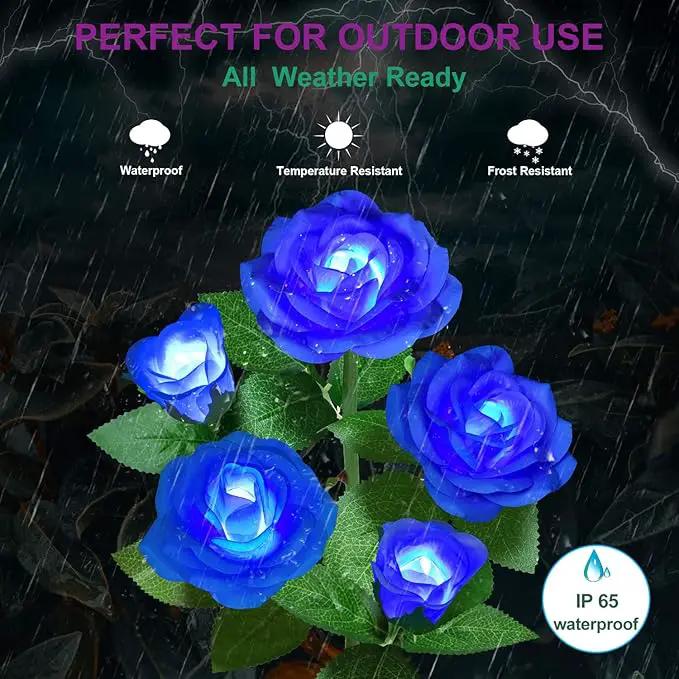 Solar Flower Lights Outdoor - Upgraded New Material Two Modes Realistic LED Solar Powered Waterproof Lights with 5 Roses, Solar Decorative Stake Lights for Garden (Blue, 1 Pack) by GreenHaven Gardens