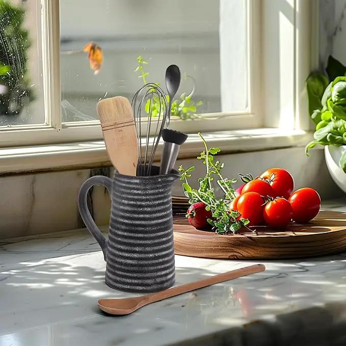 Quoowiit Ceramic Rustic Vase with Handle, Black Distressed Decorative Farmhouse Pitcher Vase for Home Decor Living Room Bedroom Kitchen Office Shelf Decor Centerpiece Table Decoration by GreenHaven Gardens