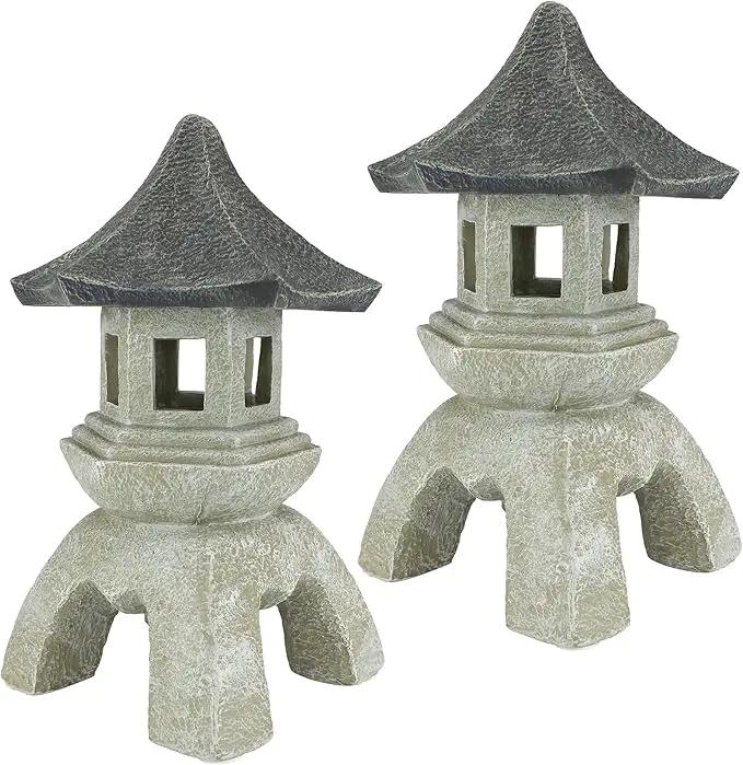 Design Toscano Asian Decor Pagoda Lantern Indoor/Outdoor Statue, Set of 2 Large, Cast Stone Resin, Two Tone Stone Finish by GreenHaven Gardens
