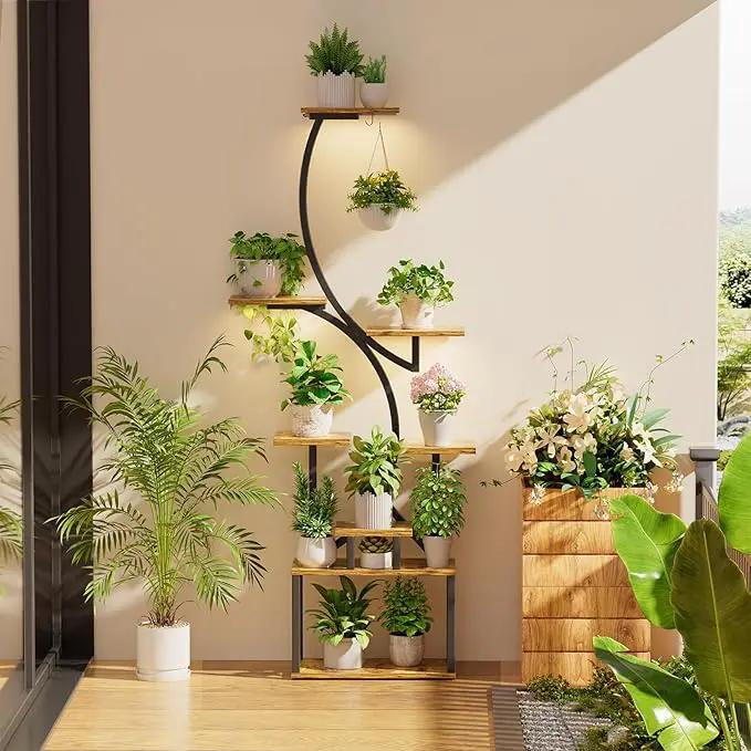 Simple Trending Plant Stand Indoor with Grow Lights, Heavy Duty 8 Tier Tall Plant Shelf for Plants Multiple, Metal Wood Plant Shelves Plant Display Holder for Garden, Black by GreenHaven Gardens