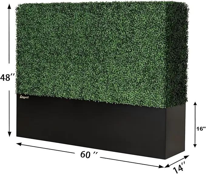 Artificial Boxwood Hedge Divider Wall with Black 201 Stainless Steel Planter Box (60" L X 48" H X 14" D) by GreenHaven Gardens