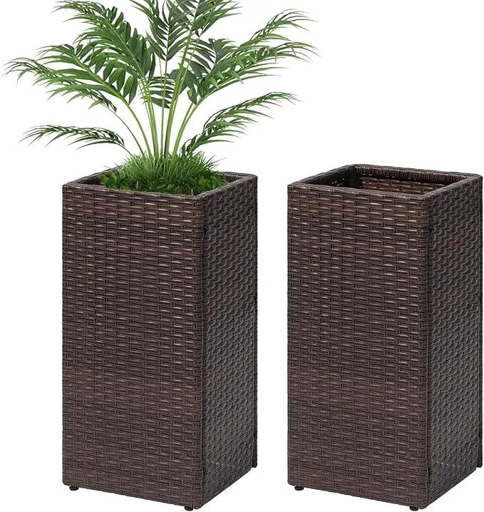 LEWIS&WAYNE Set of 2 Tall Planters for Outdoor Plants Handmade 24'' Wicker Tall Square Planter Box with Removable Liners Modern Planter for Indoor Outdoor Garden Patio Front Porch - Brown by GreenHaven Gardens