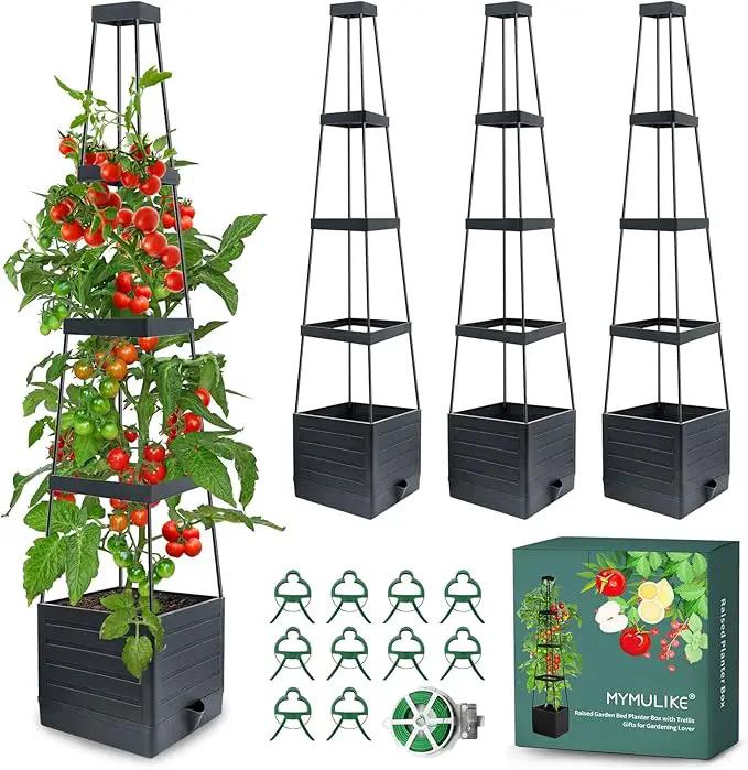 Raised Garden Bed Planter Box with Trellis, 58” Tomato Cage Planter Raised Garden Bed with Trellis for Climbing Vegetables Plants Tomato Cage w/Self-Watering, Indoor Outdoor Use (4) by GreenHaven Gardens