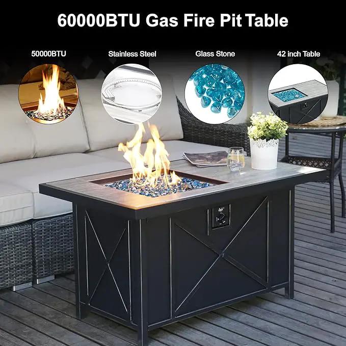BALI OUTDOORS 42 inch 50,000 BTU Rectangular Propane Gas Fire Pit Table with Fire Glass and Table Lid, Fire Pits Outdoor for Garden, Patio, Backyard by GreenHaven Gardens