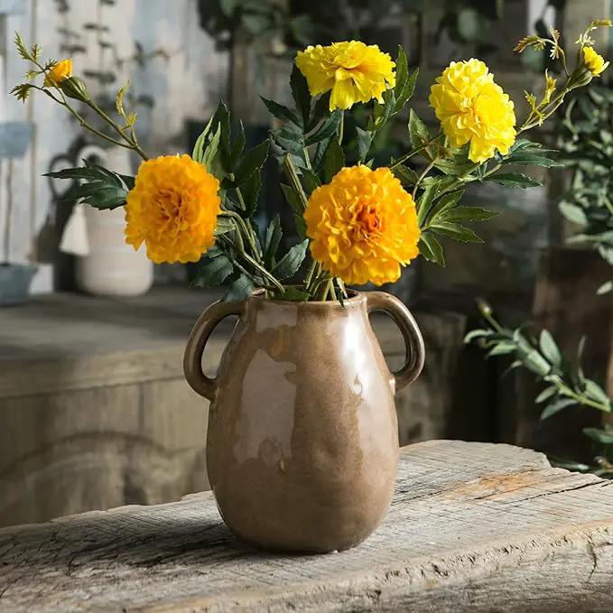 Brown Ceramic Vase with 2 Handles, Modern Farmhouse Decor, Rustic Terracotta Pottery, Decorative Flower Vases, Clay Small Vase, Centerpiece for Dining Table - 7 Inch Tall by GreenHaven Gardens