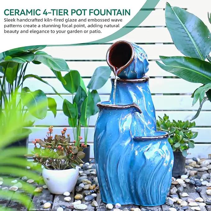 29" Tall Ceramic Outdoor Water Fountain with LED Lights, 4-Tier Cascading Jars Water Feature, Tranquil Waterfall for Relaxing Garden, Patio, Yard, or Porch, Turquoise, Dynamic Wave-Texture by GreenHaven Gardens