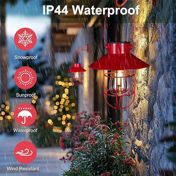 pearlstar Solar Lanterns Outdoor Christmas Metal Solar Powered Hanging Lights Waterproof for Wall Barn Yard Garden Patio Garage Balcony Porch Fence Decor, Warm White Edison Bulb (Red-2pack) by GreenHaven Gardens