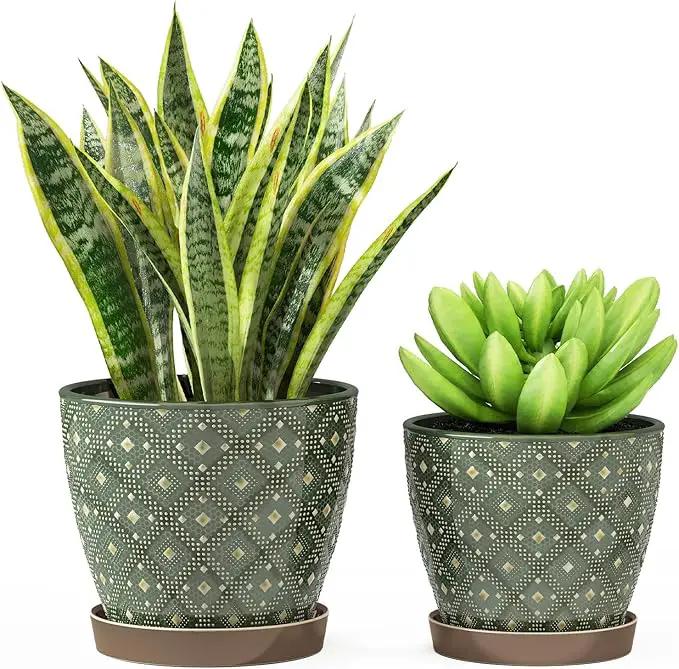 Docrin Ceramic Plant Pots Indoor, 6.6 + 5.5 Inch Planters with Drainage Holes and Saucer for Home/Office - Set of 2 /Dark Green by GreenHaven Gardens
