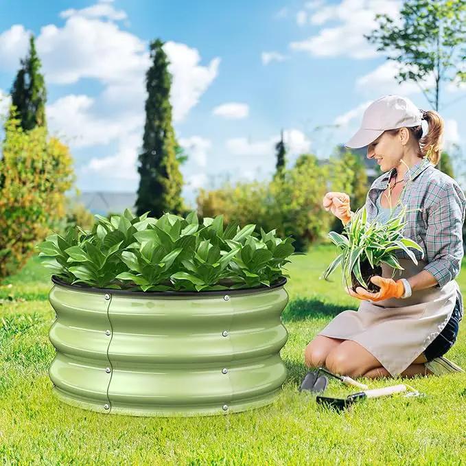 2pcs 2x2x1 FT Galvanized Raised Garden Bed Kit, Round Raised Garden Beds Outdoor Raised Beds for Gardening, Planter Boxs for Vegetables Flower Herb(Pearl White & Sage Green) by GreenHaven Gardens