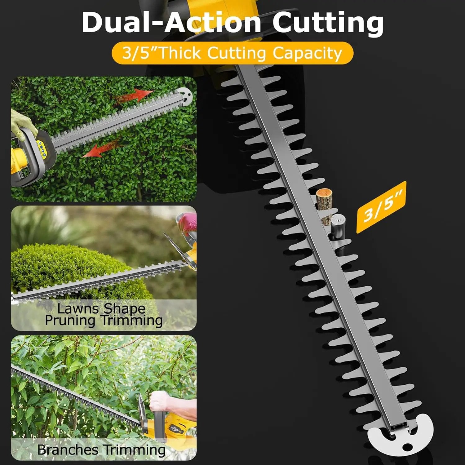 Hedge Trimmer Compatible for Dewalt 20V 60V DCB206 DCB609，Cordless Electric Hedge Trimmer with 1600RPM Brushless Motor, 22'' Dual-Action Blade with 3/5'' Cutting Capacity (NO Battery) by GreenHaven Gardens