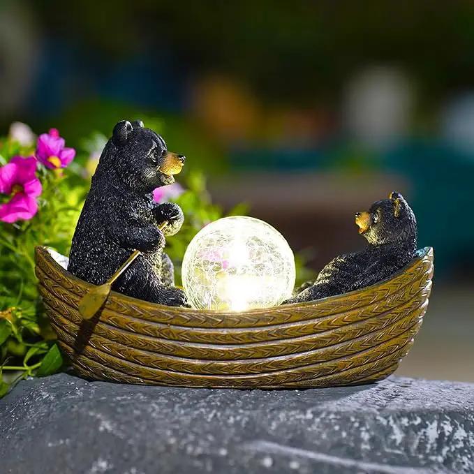 Solar Bears Boating Statues with Cracked Glass LED Lights – Funny Resin Bear Decor Garden Decorations for Patio,Balcony,Yard,Birthday Gifts for Women Mom by GreenHaven Gardens