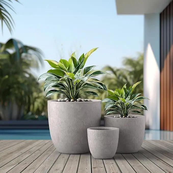 Kante 18",14",10" Dia Concrete Round Planters (Set of 3), Outdoor Indoor Large Planter Pots with Drainage Hole and Rubber Plug for Home Patio Garden, Light Gray by GreenHaven Gardens