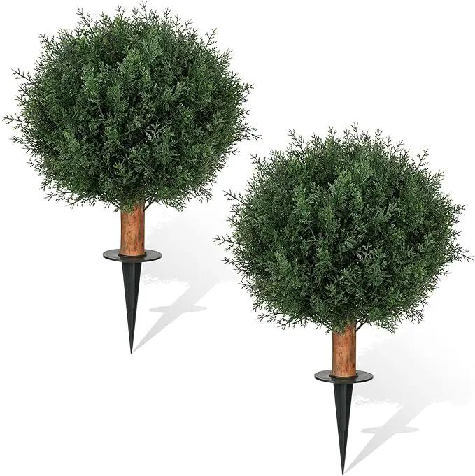 Artificial Cedar Topiary Ball Trees with Ground Spike Set of 2, 24.6 inch UV-Resistant Faux Shrubs for Indoor/Outdoor Decor – Fake Cypress Perfect for Garden, Porch, and Patio by GreenHaven Gardens