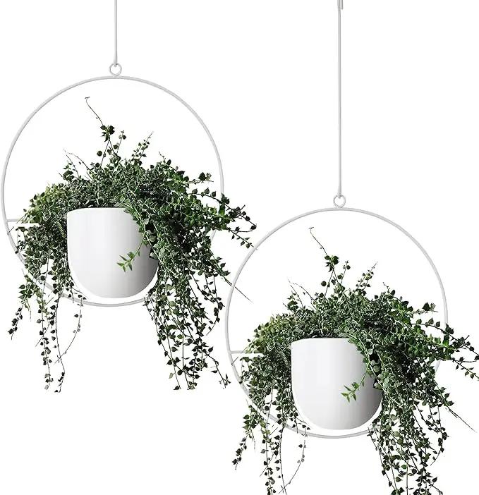 2 Pack Hanging Planters for Indoor Outdoor Plants Modern Metal Plant Hangers Wall and Ceiling Hanging Plants Baskets Mid Century Minimalist Flower Pots Home Decor, White by GreenHaven Gardens
