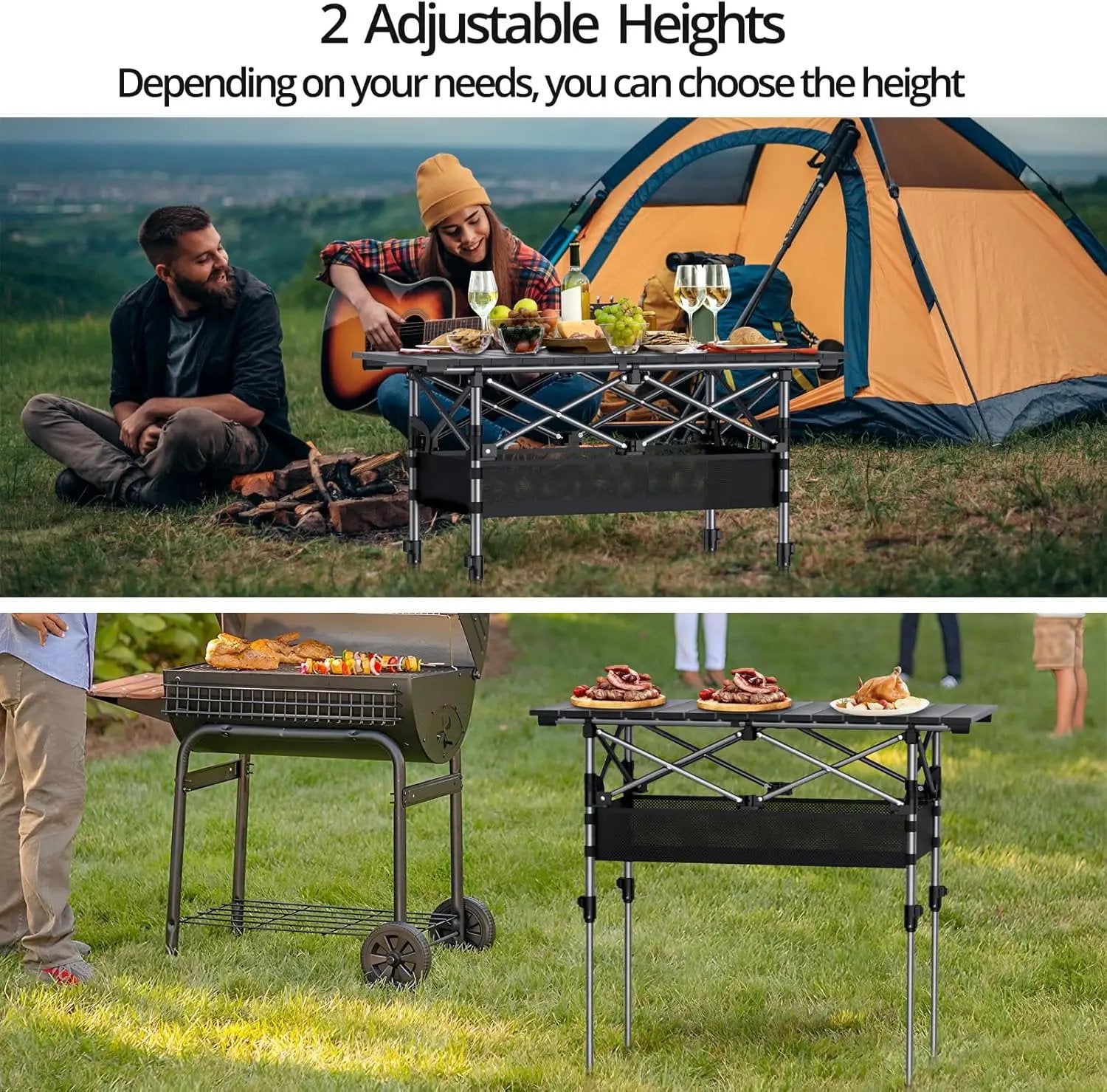 Folding Camping Table, Aluminum Roll Up Camping Table Adjustable Height with Storage Net and Bag, Lightweight Outdoor Table 32.2” X 16”, for Outdoor Travel BBQ Party Picnic, Black by GreenHaven Gardens