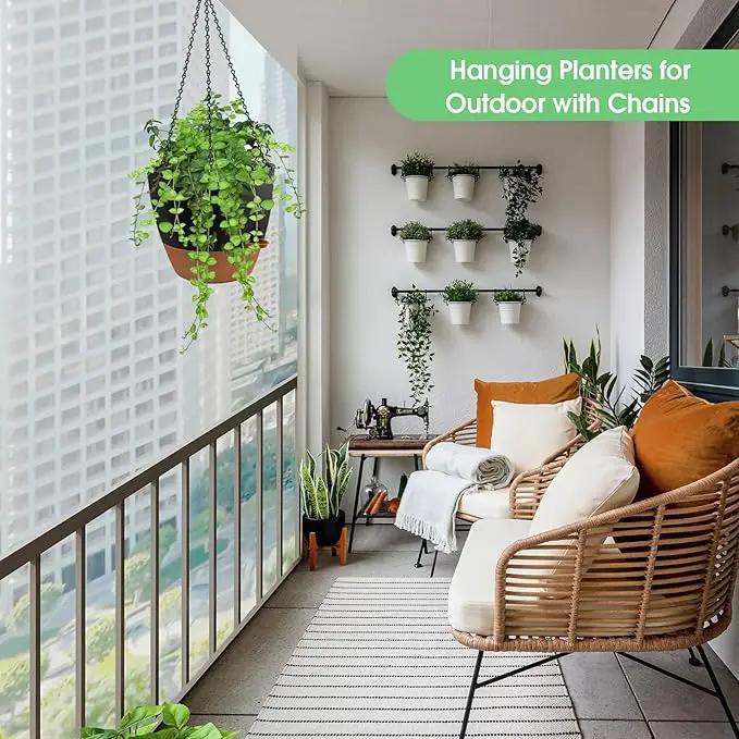 Hanging Planters for Indoor Outdoor Plants, 2 Pack Self Watering Hanging Pot with Drainage Holes, Removable Tray & 2 Kinds of Plant Hangers, 10'' Hanging Flower Pots for Home Garden Decor, Black by GreenHaven Gardens