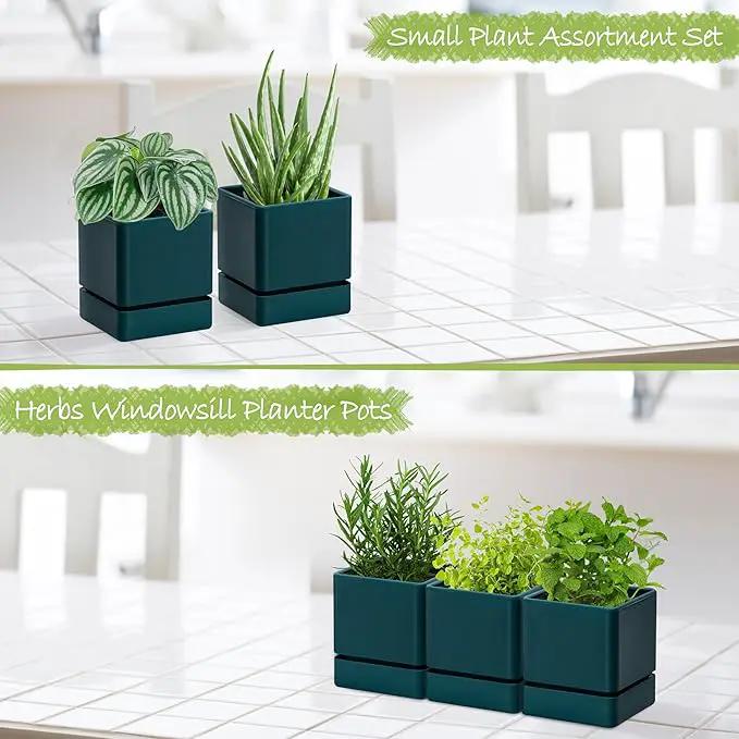 4 Inch Herb Planter Pot, Plastic Planter with Drainage Holes and Saucer, Modern Decorative Gardening Pot for Indoor Plants, Flowers, Herbs, Succulents, Green, Set of 3, 76-Y-C-3 by GreenHaven Gardens