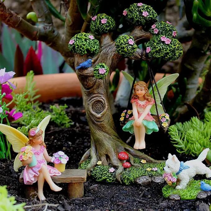 Fairy Garden Accessories Outdoor - Fairy Garden Kit with Fairies for Fairy Garden - Miniatures for an Outdoor Garden, a Fairy Tree Swing, Figurines & Puppy by GreenHaven Gardens