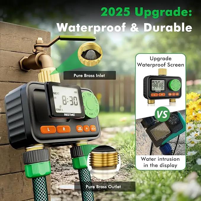 RESTMO RF Remote Controlled Sprinkler Timer with Brass Inlet & Outlet, Water Timer for Garden Hose, Automatic/Manual/Rain Delay for Outdoor Faucet, Drip Irrigation and Lawn Watering, 2 Outlet by GreenHaven Gardens