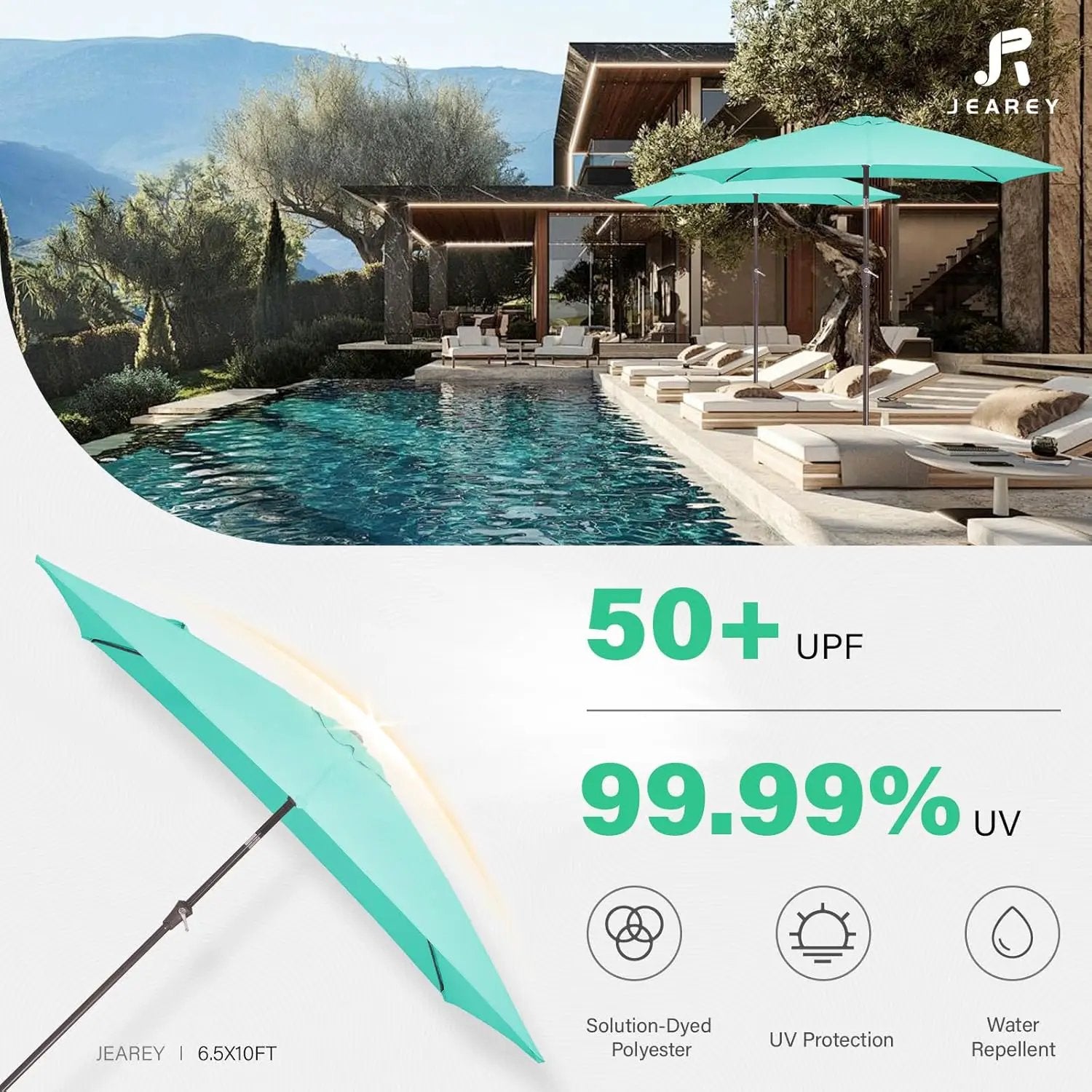 JEAREY 6.5x10 ft Rectangular Patio Umbrellas Outdoor Market Umbrella with Push Button Tilt and Crank, Rectangle Table Umbrella 6 Sturdy Ribs UV Protection for Pool Garden Backyard Deck, Aqua Sky by GreenHaven Gardens